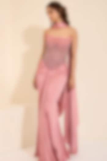 Rose Pink Cotton Satin Draped Skirt Set by K&A By Karishma And Ashita at Pernia's Pop Up Shop