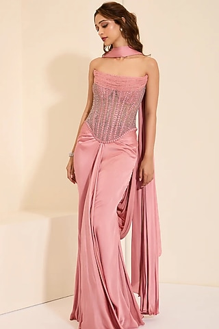 Rose Pink Cotton Satin Draped Skirt Set by K&A By Karishma And Ashita