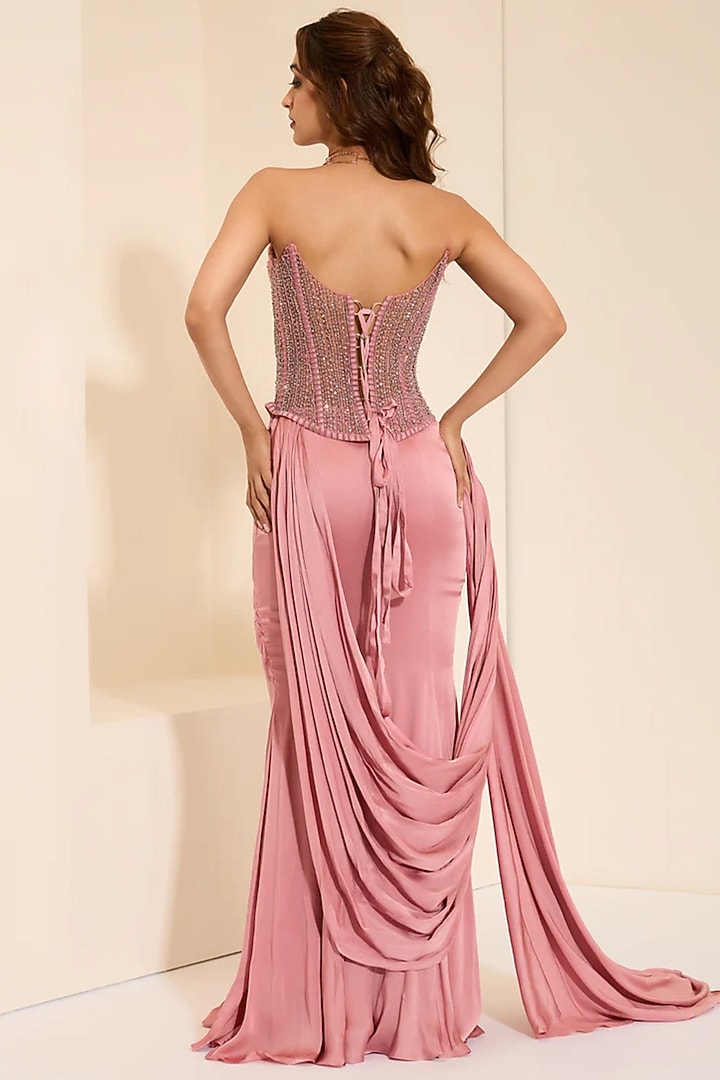 Rose Pink Cotton Satin Draped Skirt Set by K&A By Karishma And Ashita at Pernia's Pop Up Shop