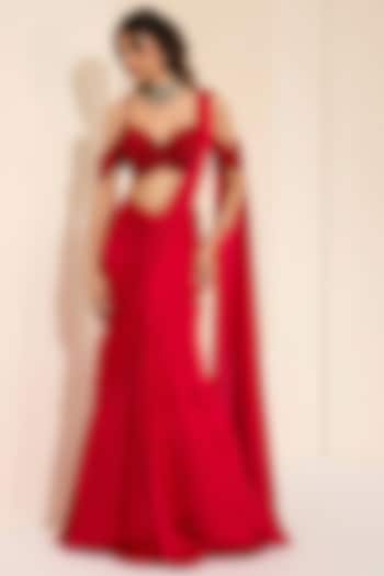 Red Cotton Satin Pre-Draped Wedding Saree Set by K&A By Karishma And Ashita at Pernia's Pop Up Shop