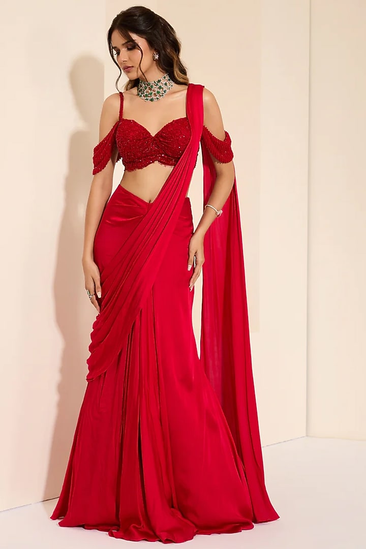 Red Cotton Satin Pre-Draped Wedding Saree Set by K&A By Karishma And Ashita at Pernia's Pop Up Shop
