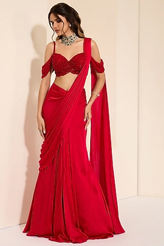 Red Cotton Satin Pre-Draped Saree Set by K&A By Karishma And Ashita