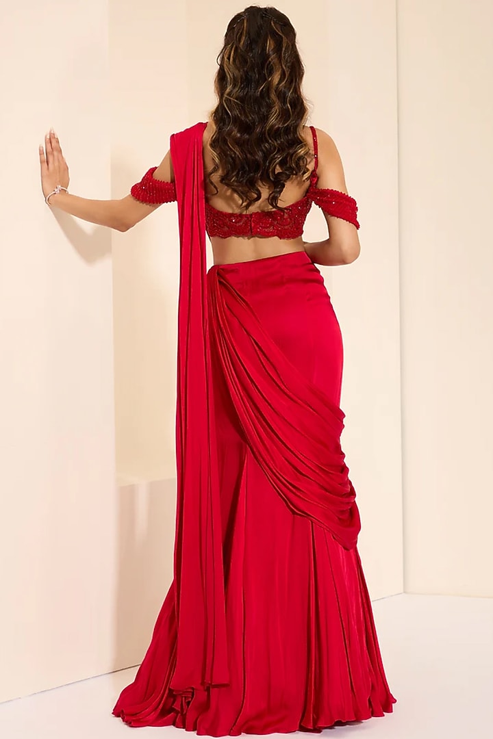 Red Cotton Satin Pre-Draped Wedding Saree Set by K&A By Karishma And Ashita at Pernia's Pop Up Shop