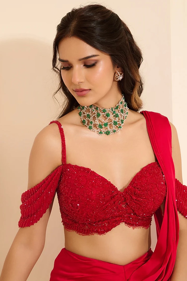 Red Cotton Satin Pre-Draped Wedding Saree Set by K&A By Karishma And Ashita at Pernia's Pop Up Shop