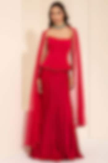 Berry-Colored Cotton Satin Draped Skirt Set by K&A By Karishma And Ashita at Pernia's Pop Up Shop