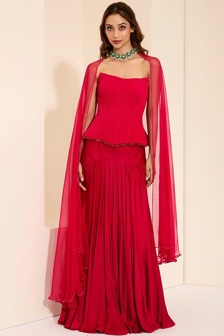 Berry-Colored Cotton Satin Draped Skirt Set by K&A By Karishma And Ashita at Pernia's Pop Up Shop