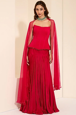 Berry-Colored Cotton Satin Draped Skirt Set by K&A By Karishma And Ashita