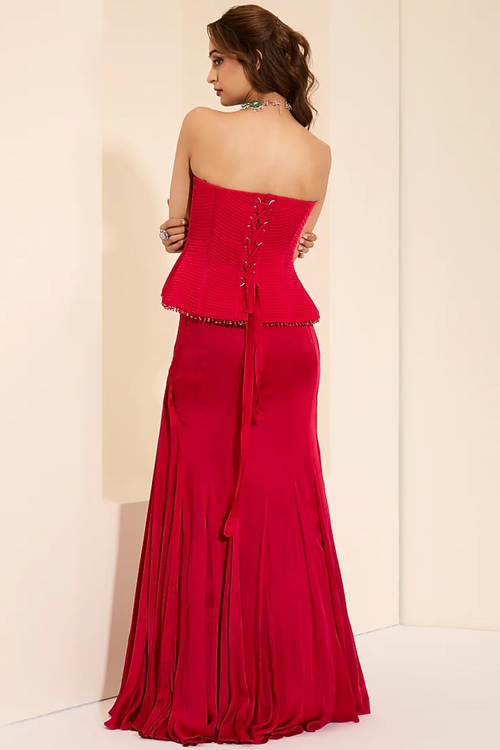 Berry-Colored Cotton Satin Draped Skirt Set by K&A By Karishma And Ashita at Pernia's Pop Up Shop