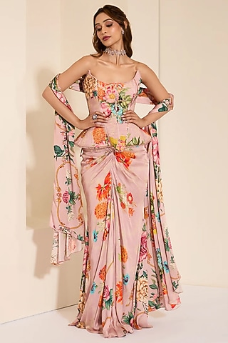 Multi-Colored Cotton Satin Draped Skirt Set by K&A By Karishma And Ashita