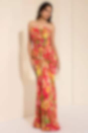 Red Cotton Satin Floral Printed Draped Skirt Set by K&A By Karishma And Ashita at Pernia's Pop Up Shop