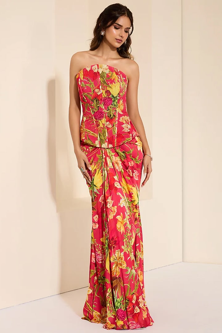 Red Cotton Satin Floral Printed Draped Skirt Set by K&A By Karishma And Ashita at Pernia's Pop Up Shop