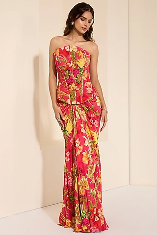 Red Cotton Satin Floral Printed Draped Skirt Set by K&A By Karishma And Ashita