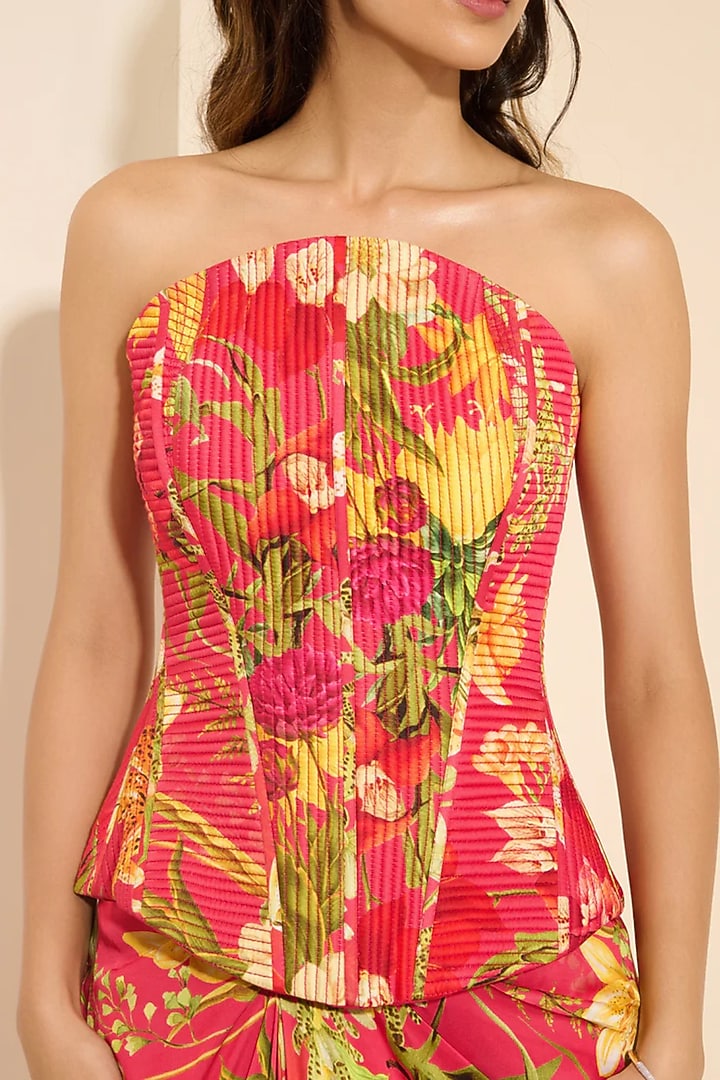 Red Cotton Satin Floral Printed Draped Skirt Set by K&A By Karishma And Ashita at Pernia's Pop Up Shop