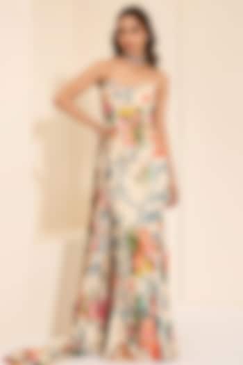 Ivory Cotton Satin Floral Printed Draped Skirt Set by K&A By Karishma And Ashita at Pernia's Pop Up Shop