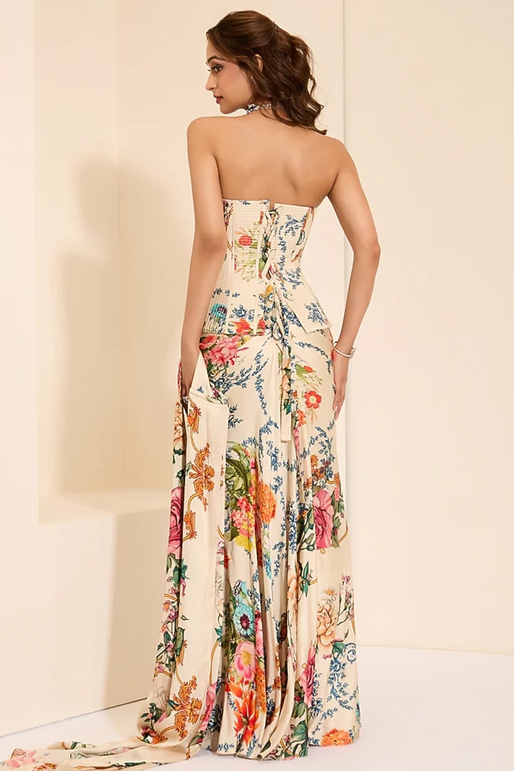 Ivory Cotton Satin Floral Printed Draped Skirt Set by K&A By Karishma And Ashita at Pernia's Pop Up Shop