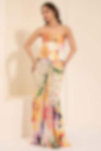 Ivory Cotton Satin Floral Printed Draped Skirt Set by K&A By Karishma And Ashita at Pernia's Pop Up Shop