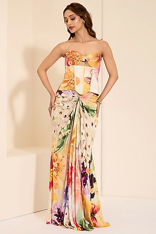 Ivory Cotton Satin Floral Printed Draped Skirt Set by K&A By Karishma And Ashita