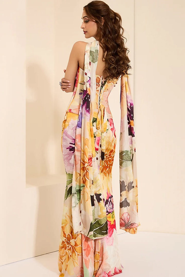 Ivory Cotton Satin Floral Printed Draped Skirt Set by K&A By Karishma And Ashita at Pernia's Pop Up Shop