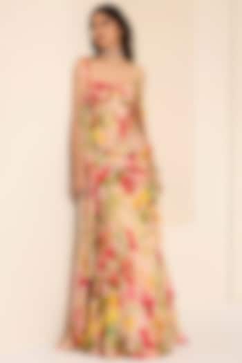 Multi-Colored Cotton Satin Floral Printed Pre-Draped Wedding Saree Set by K&A By Karishma And Ashita at Pernia's Pop Up Shop