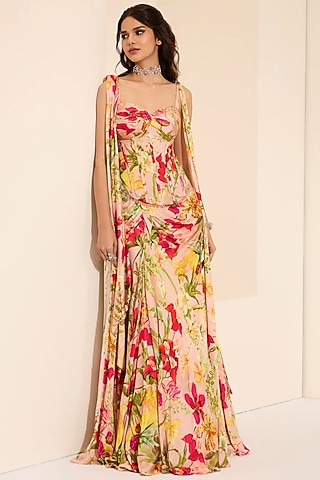 Multi-Colored Cotton Satin Floral Printed Pre-Draped Saree Set by K&A By Karishma And Ashita