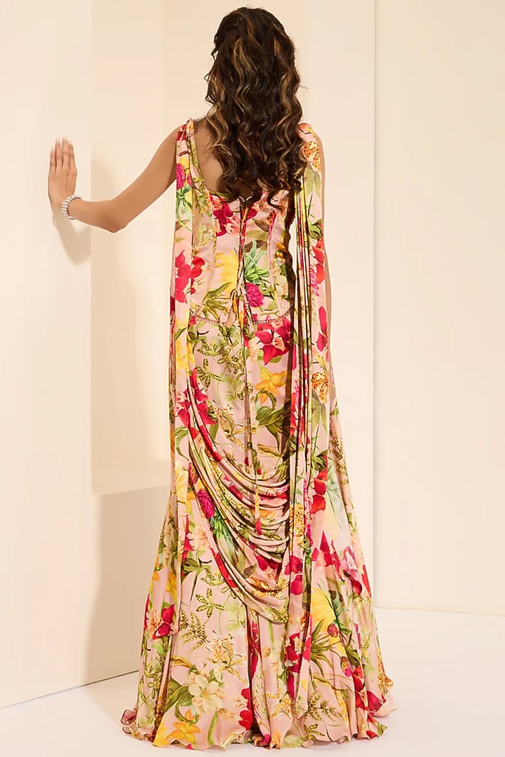 Multi-Colored Cotton Satin Floral Printed Pre-Draped Wedding Saree Set by K&A By Karishma And Ashita at Pernia's Pop Up Shop