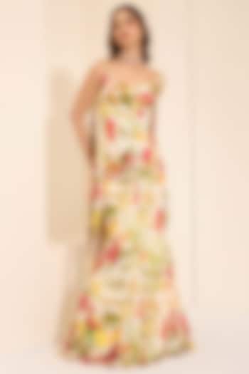 Ivory Cotton Satin Floral Printed Pre-Draped Wedding Saree Set by K&A By Karishma And Ashita at Pernia's Pop Up Shop