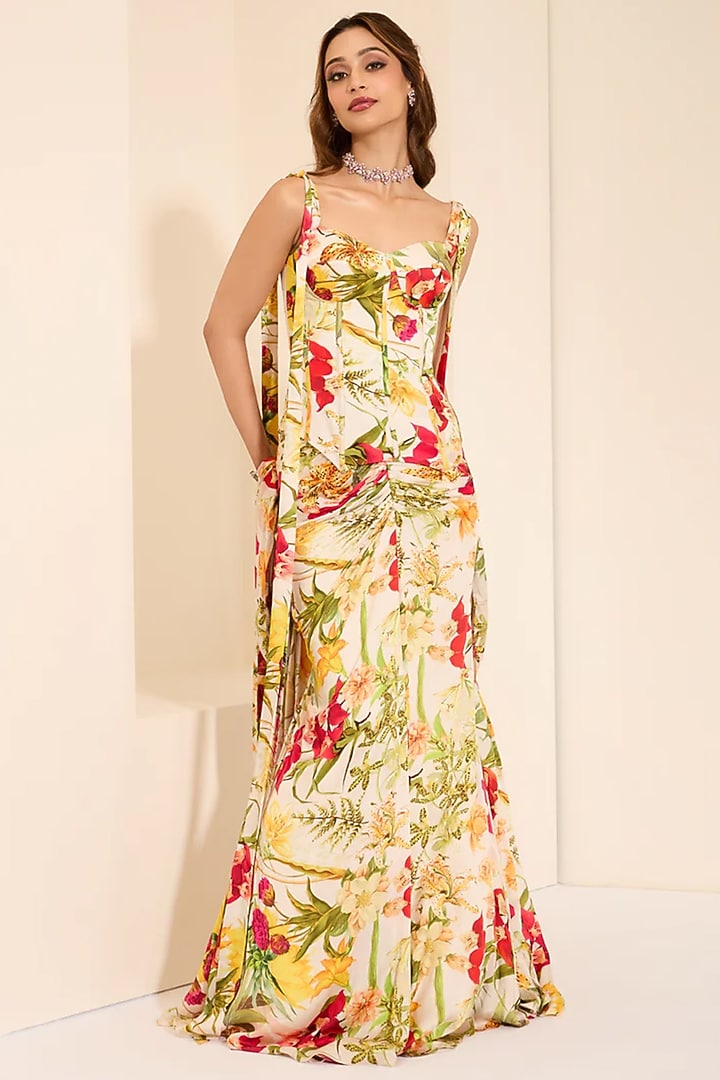 Ivory Cotton Satin Floral Printed Pre-Draped Wedding Saree Set by K&A By Karishma And Ashita at Pernia's Pop Up Shop