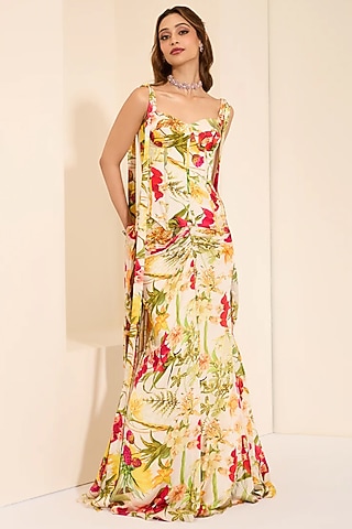 Ivory Cotton Satin Floral Printed Pre-Draped Saree Set by K&A By Karishma And Ashita