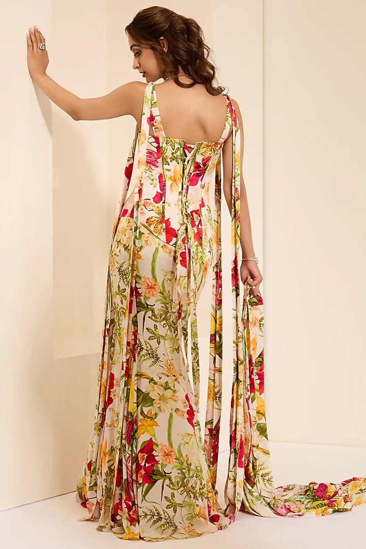 Ivory Cotton Satin Floral Printed Pre-Draped Wedding Saree Set by K&A By Karishma And Ashita at Pernia's Pop Up Shop