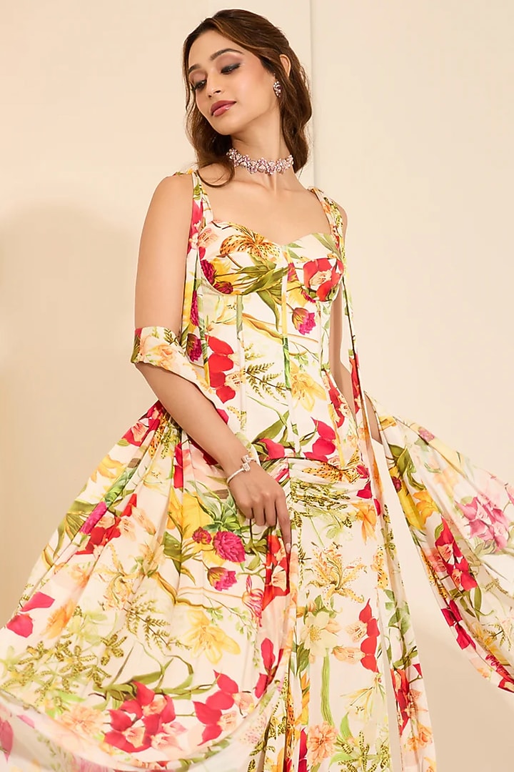 Ivory Cotton Satin Floral Printed Pre-Draped Wedding Saree Set by K&A By Karishma And Ashita at Pernia's Pop Up Shop