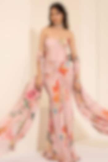 Multi-Colored Cotton Satin Floral Printed Draped Skirt Set by K&A By Karishma And Ashita at Pernia's Pop Up Shop