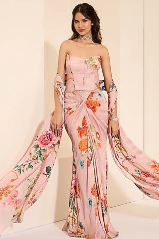 Multi-Colored Cotton Satin Floral Printed Draped Skirt Set by K&A By Karishma And Ashita