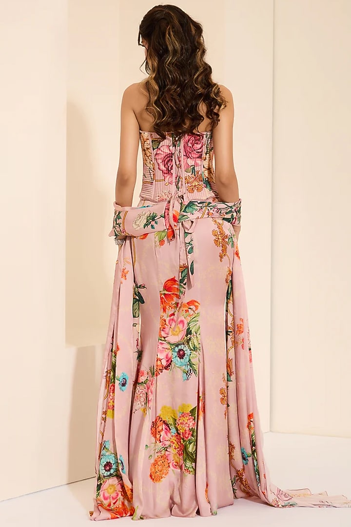 Multi-Colored Cotton Satin Floral Printed Draped Skirt Set by K&A By Karishma And Ashita at Pernia's Pop Up Shop
