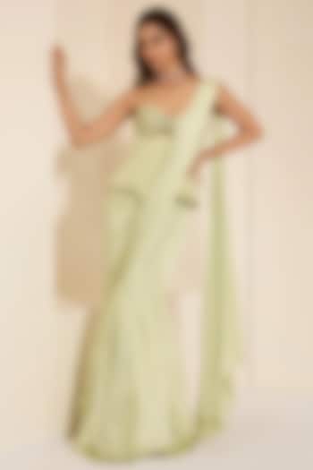 Mint Green Cotton Satin Floral Printed Pre-Draped Wedding Saree Set by K&A By Karishma And Ashita at Pernia's Pop Up Shop