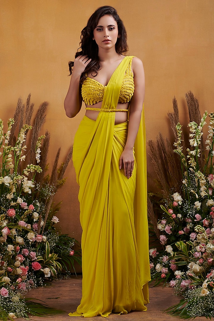 Yellow Georgette Pre-Stitched Saree Set by K&A By Karishma And Ashita