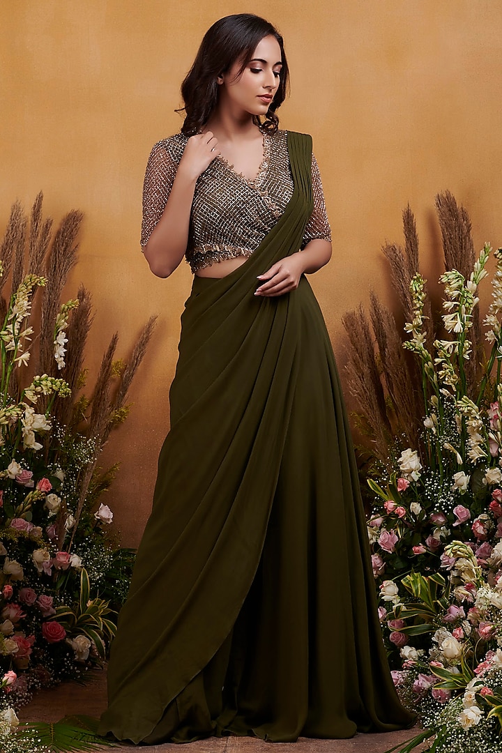 Olive Green Georgette Pant Saree Set by K&A By Karishma And Ashita