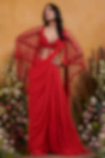 Red Embellished Jumpsuit With Cape by K&A By Karishma And Ashita