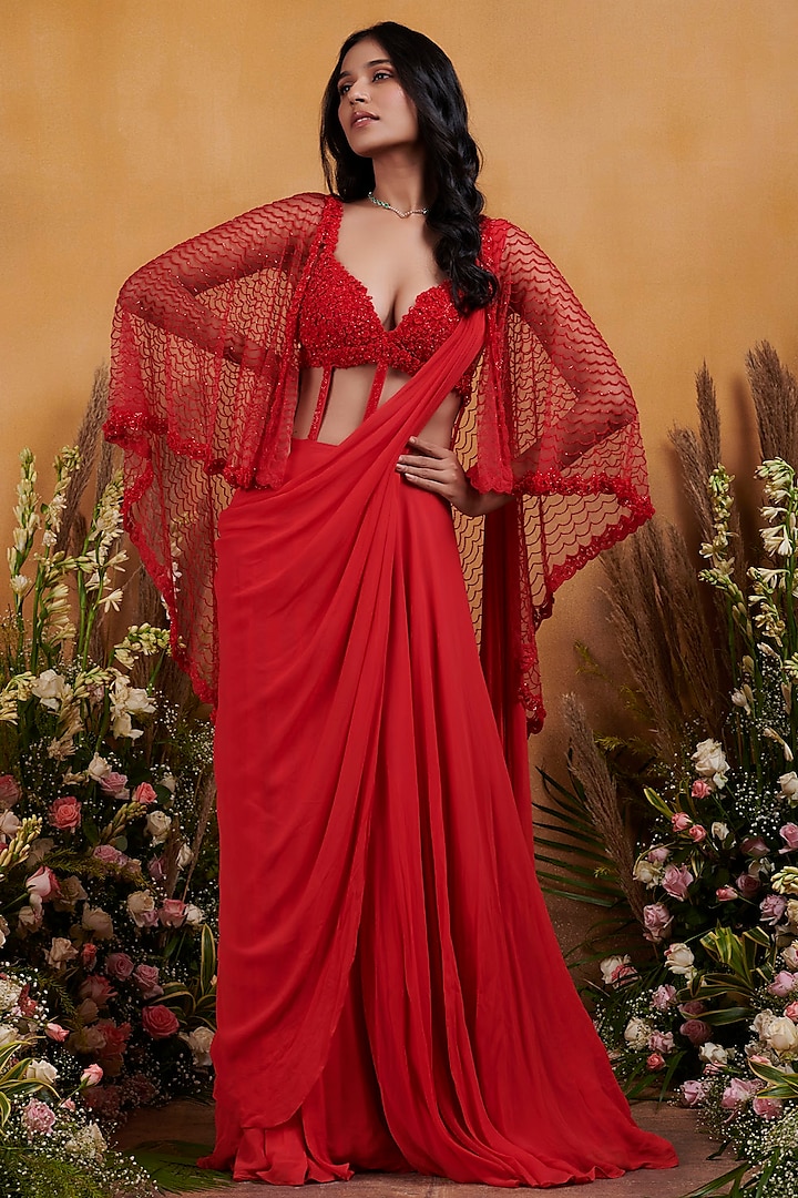 Red Embellished Jumpsuit With Cape by K&A By Karishma And Ashita