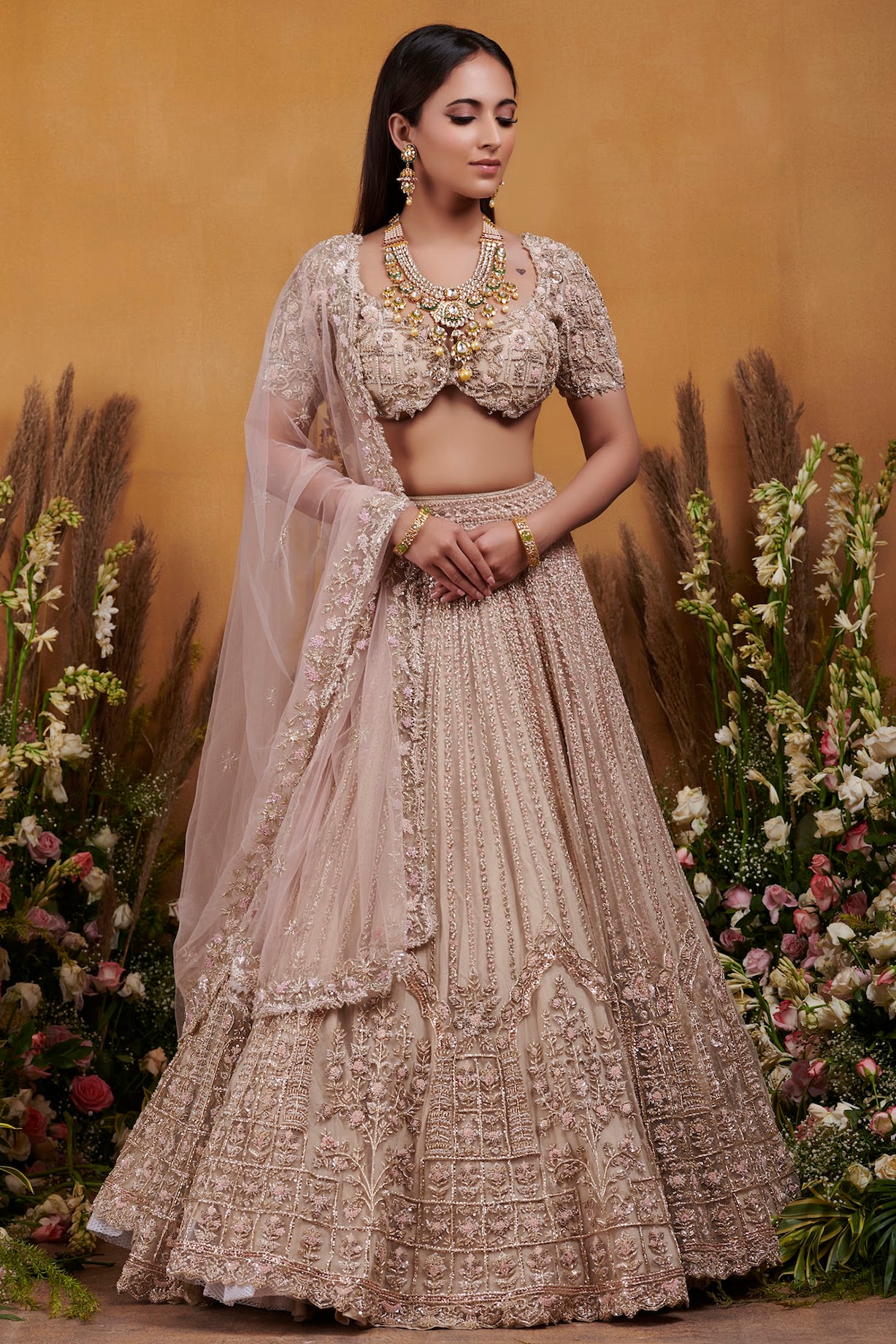 Ivory & Pink Embroidered Bridal Lehenga Set