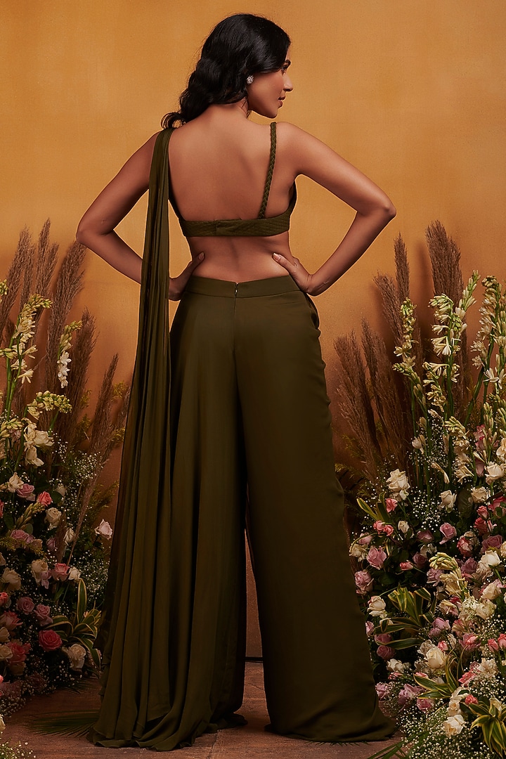 Olive Green Georgette Pant Wedding Saree Set by K&A By Karishma And Ashita at Pernia's Pop Up Shop
