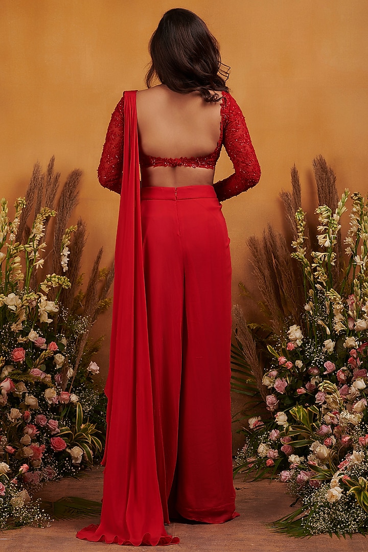 Red Pre-Stitched Pant Wedding Saree Set In Georgette by K&A By Karishma And Ashita at Pernia's Pop Up Shop