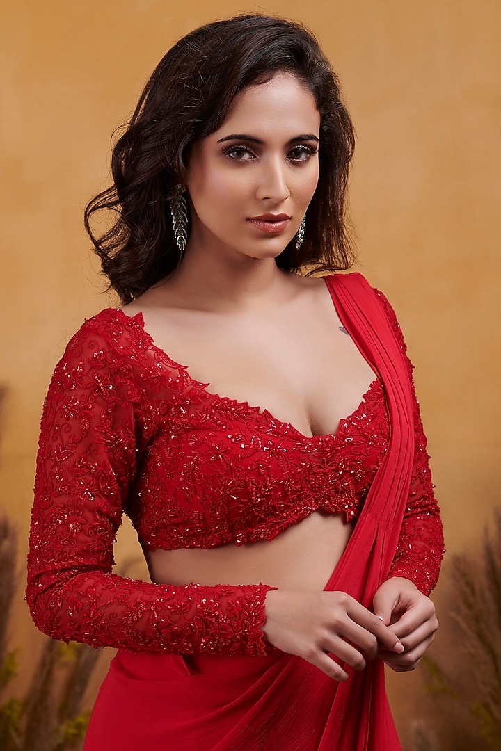 Red Pre-Stitched Pant Wedding Saree Set In Georgette by K&A By Karishma And Ashita at Pernia's Pop Up Shop