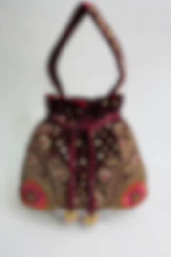 Wine & Gold Velvet Embroidered Potli by Kainiche by Mehak at Pernia's Pop Up Shop