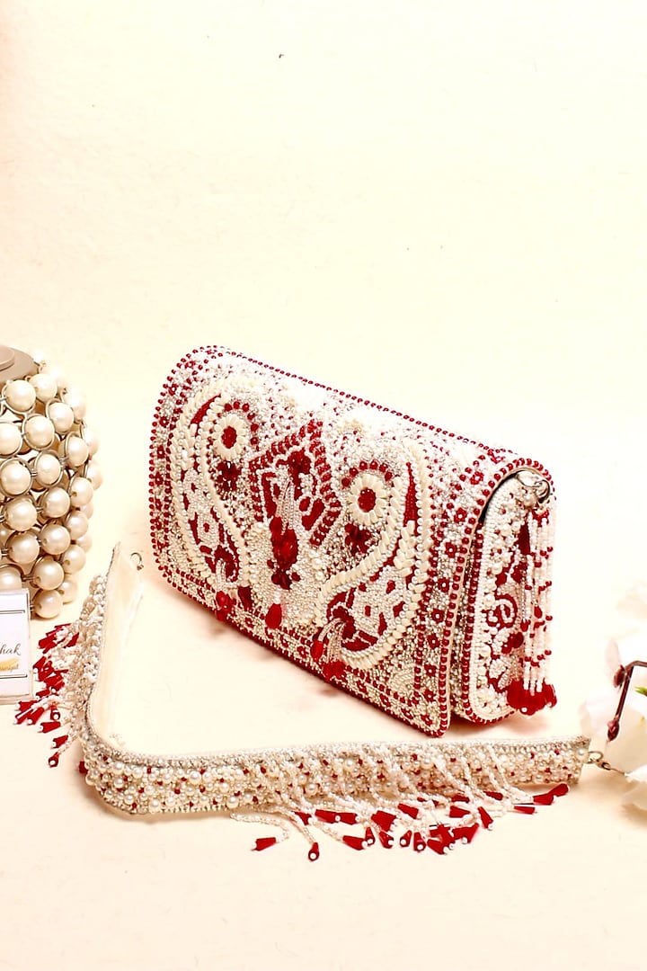 Red & White Velvet Embroidered Clutch by Kainiche by Mehak
