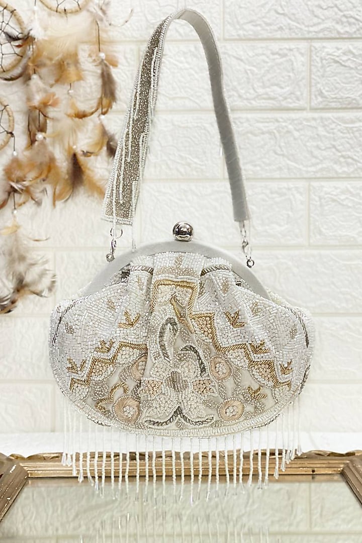 White & Gold Raw Silk Embellished Clutch by Kainiche by Mehak at Pernia's Pop Up Shop