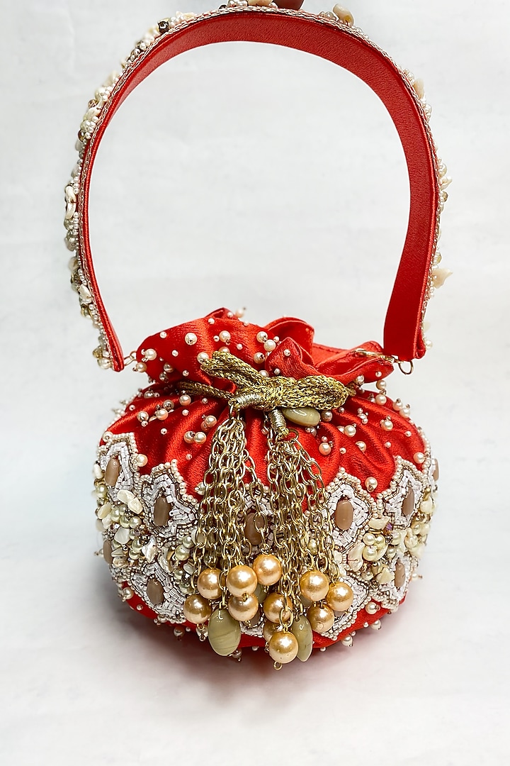 Red Silk Embroidered Potli by Kainiche by Mehak