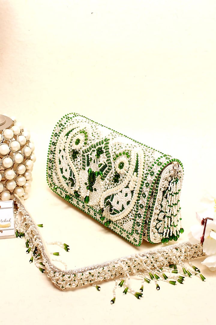 Green & White Velvet Embroidered Clutch by Kainiche by Mehak