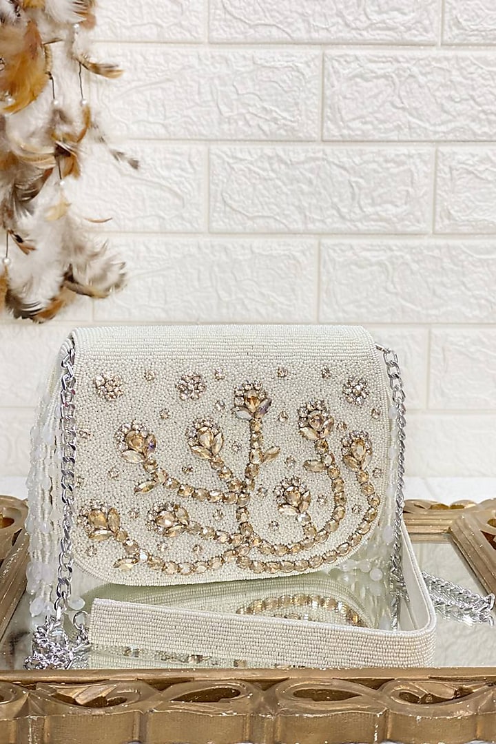 White Raw Silk Pearl Embellished Clutch by Kainiche by Mehak
