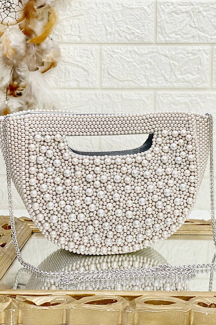 Silver Pearl Embellished Clutch by Kainiche by Mehak
