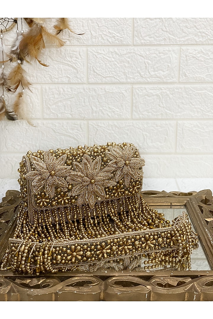 Gold Floral Clutch Bag by Kainiche by Mehak at Pernia's Pop Up Shop